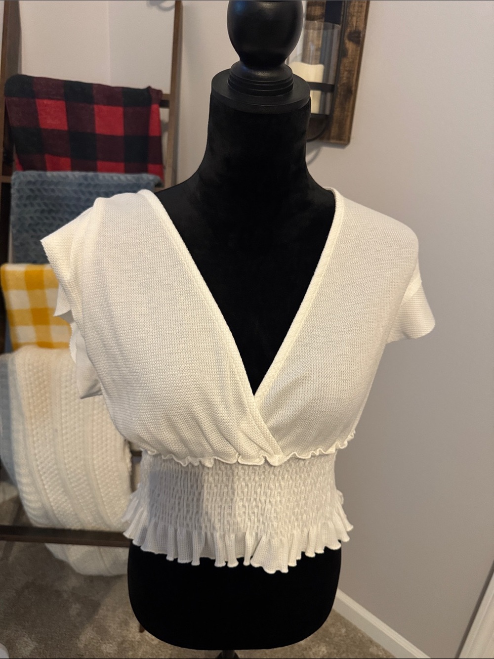 Altar'd State White V-Neck Smocked Crop Top